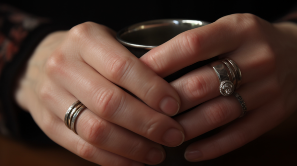 Close-up shot of hands performing a daily task, adorned with various rings, representing the daily presence and personal significance of rings in our lives.