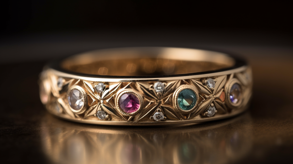 the intricate details of a gem and diamond set wedding ring