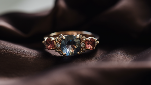 Close-up of a contemporary betrothal ring designed by Roberts & Co against a neutral background