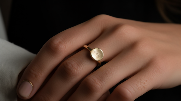 woman's hand wearing a dainty signet ring