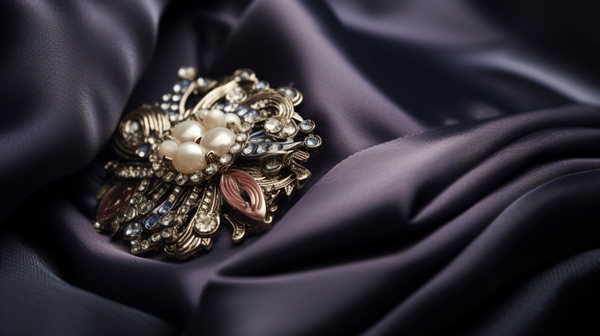 Close-up of a brooch fastening a draped fabric, showcasing its original purpose.