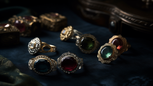An elegant assortment of Roberts & Co's signet rings, gem-set rings, and brooches on a plush velvet surface, showcasing the detailed craftsmanship and exquisite designs.