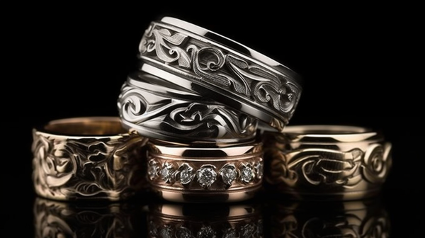 An array of wedding rings demonstrating the evolution from traditional simple bands to modern, ornamented designs.
