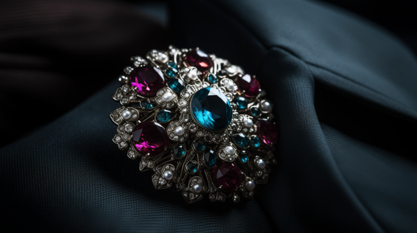 A visually striking brooch, studded with gemstones, adding a touch of sophistication to a suit lapel.