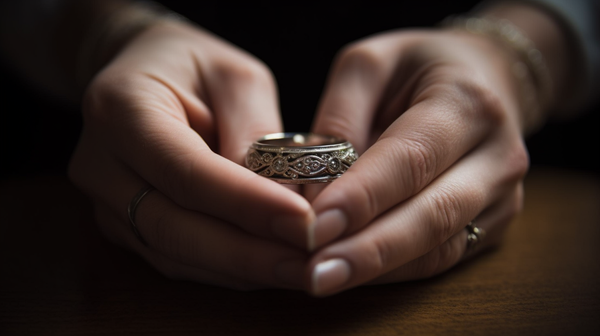 Hands Holding an Ornamented Wedding Ring