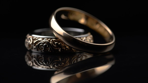 Comparison shot of a traditional plain wedding ring and an intricate ornamented wedding ring.