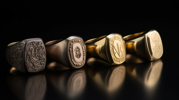 several modern signet rings side by side, with varying designs on their tables