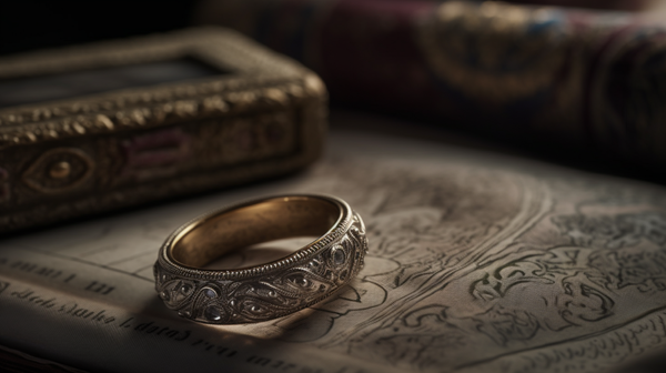 gold, platinum and diamond vintage-inspired wedding ring from Roberts & Co's collection on a plush velvet cushion