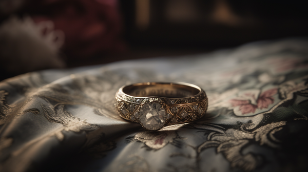 Yellow gold and diamond vintage-inspired wedding ring from Roberts & Co's collection on a plush velvet cushion