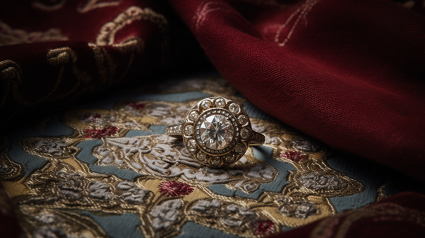 beautifully designed, vintage-inspired wedding ring from Roberts & Co's collection on a plush velvet cushion