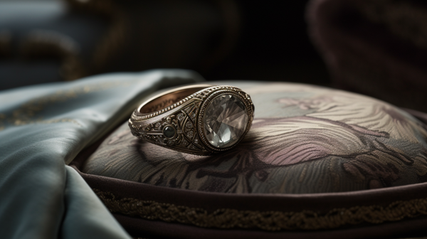 White gold and Topaz vintage-inspired wedding ring from Roberts & Co's collection on a plush velvet cushion