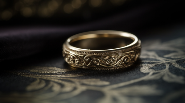 9ct yellow gold vintage-inspired plain wedding band from Roberts & Co's collection on a plush velvet cushion