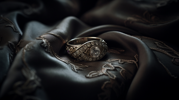 beautifully designed, vintage-inspired wedding ring from Roberts & Co's collection on a plush velvet cushion