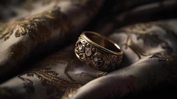  beautifully designed, vintage-inspired wedding ring from Roberts & Co's collection on a plush velvet cushion