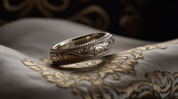 White gold vintage-inspired plain wedding band from Roberts & Co's collection on a plush velvet cushion