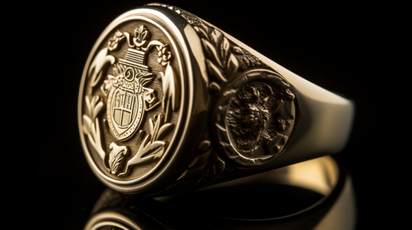 Close-up of an intricately detailed signet ring with seal.