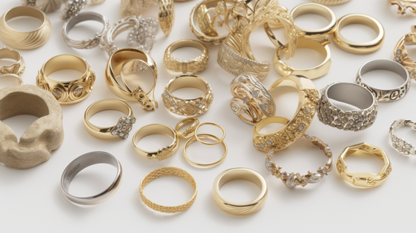 Top-down view of Roberts & Co's diverse wedding ring collection, showcasing various ring styles.