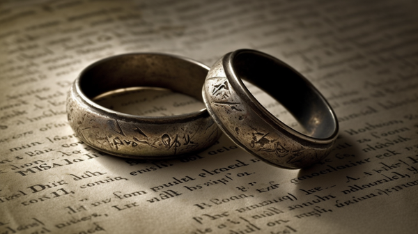 Roman-style iron wedding rings against a vintage parchment