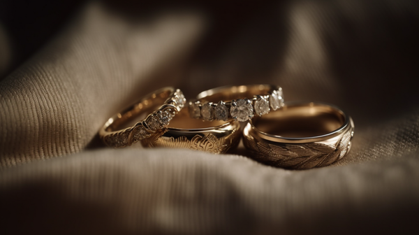 Close-up of Roberts & Co gold wedding rings in various styles, including D-shaped, oval court, flat court, flat band, and square section, displayed on a soft velvet fabric.