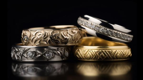 variety of ornamented wedding rings from the Roberts & Co collection