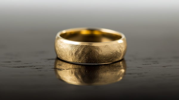 A classic gold wedding band with modern detailing against a contrasting background.