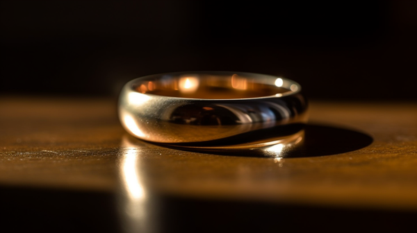 Rounded oval wedding ring showcasing its unique profile and gleaming metal against a light background.