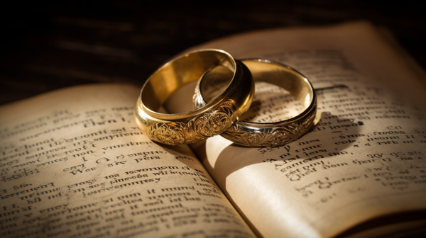 pair of gold wedding rings placed on an aged, antique book
