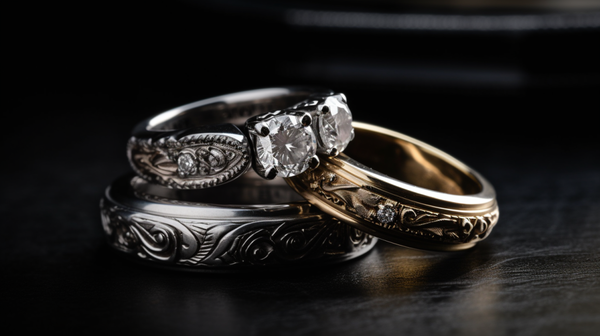 a pair of modern engagement and wedding rings 