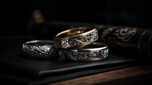 a pair of modern engagement and wedding rings next to their Tudor counterparts,
