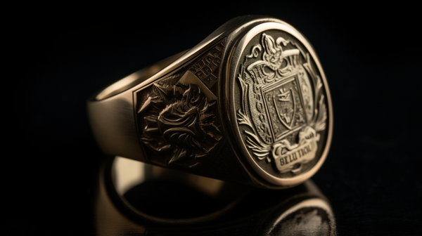 Modern signet ring with an engraved crest, showcasing intricate design and fine craftsmanship
