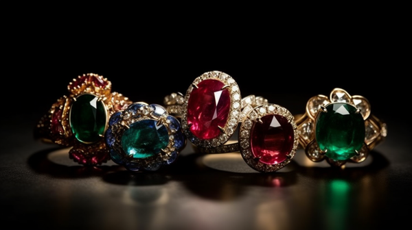 Assorted collection of gem-set rings showcasing various precious stones such as emeralds, rubies, sapphires, and diamonds.