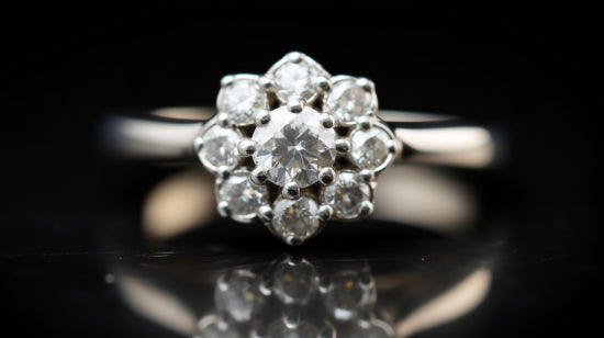 Close-up of a diamond ring with one large central diamond and six smaller diamonds surrounding it.