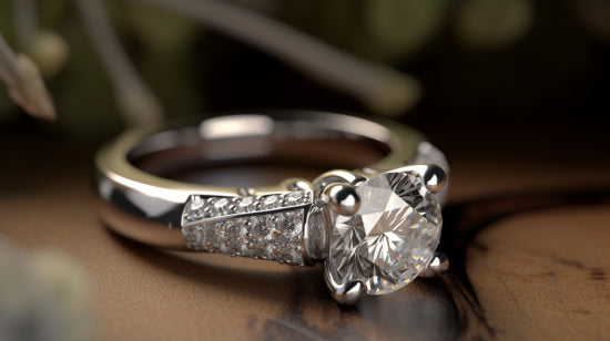 Close-up image of a ring showcasing its overall design: a claw-set single-stone diamond in the center