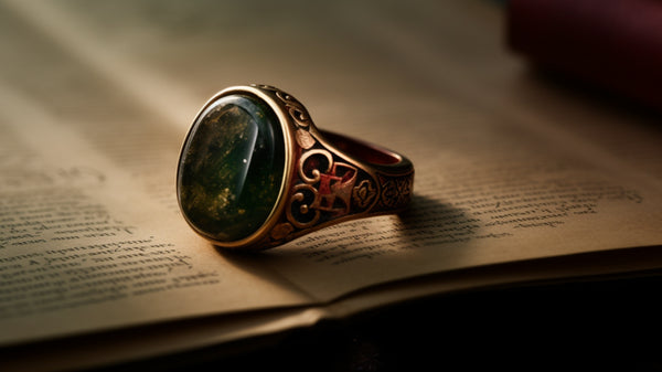 antique signet ring reading a classic book
