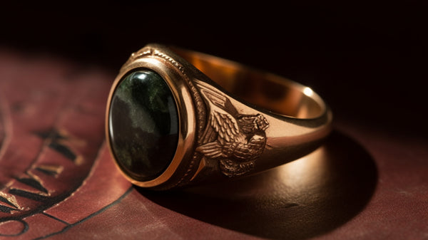 Signet ring with intricate bloodstone set against historical documents