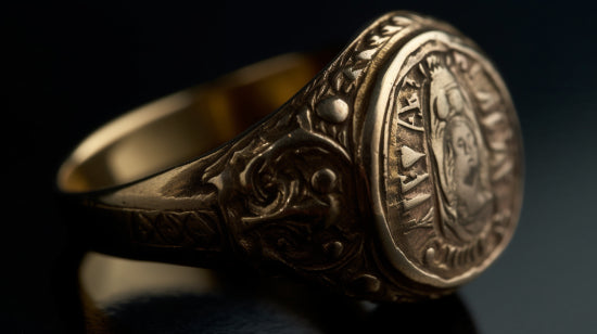 hand-engraved signet ring showcasing detailed family crest