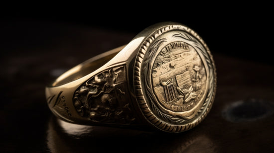 Close-up of a hand-engraved signet ring showcasing detailed family crest.