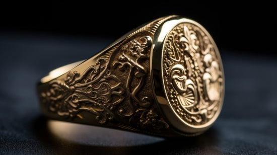 Close-up of a hand-engraved signet ring with intricate family crest