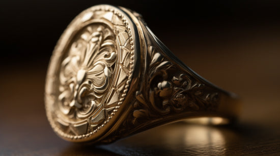 Ancient Egyptian signet ring with hieroglyphic engravings displayed in a museum