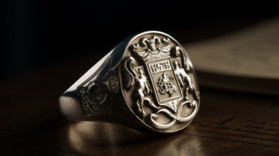 Close-up of a detailed family crest engraved on a vintage signet ring