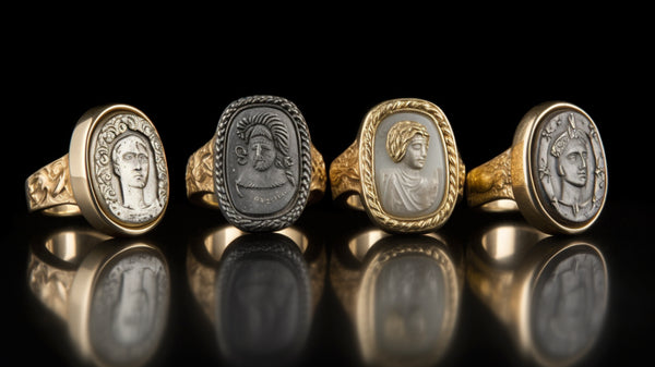 Array of signet rings made from different metals like gold, silver, and platinum