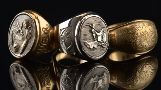 Elegant display of finished signet rings with various engravings