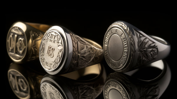 Signet ring with a modern abstract design displayed against a minimalist background