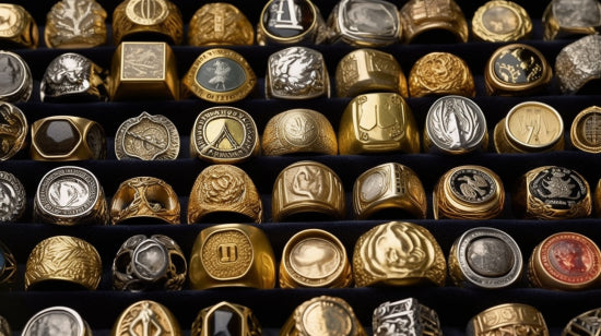 Brightly lit showcase of Roberts & Co's exclusive signet ring collection