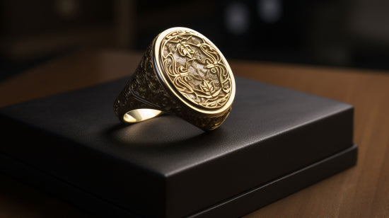 signet ring to highlight the engraving and shine of the metal