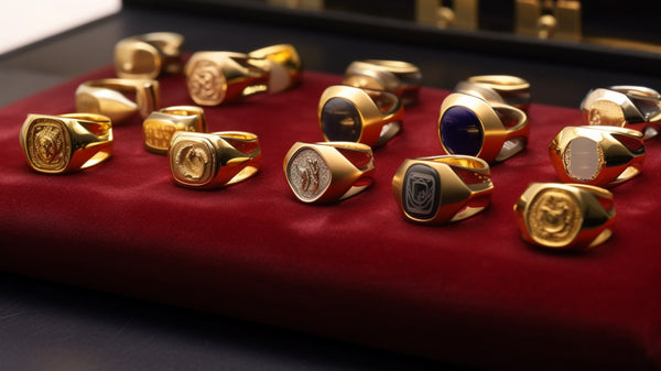 Collection of medieval signet rings with family crests on velvet cushion