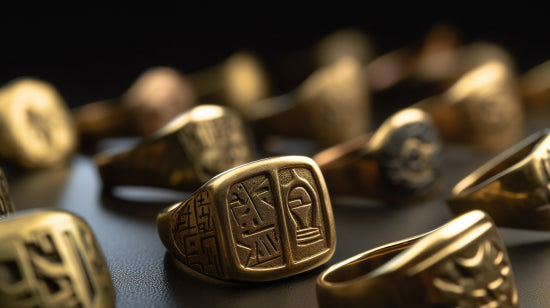 antique signet rings from various cultures showcased in a museum exhibit.