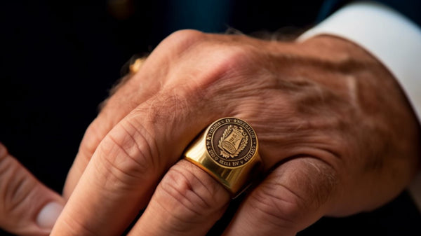 Lifestyle shot of a person wearing a bespoke signet ring at a formal event