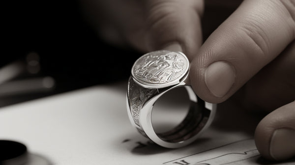 Jeweler carefully engraving initials into a platinum signet ring