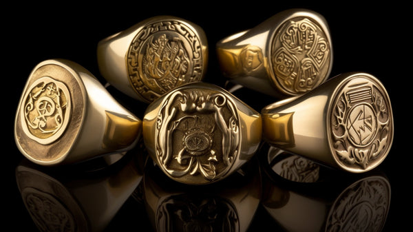 Gold signet ring with a detailed family crest close-up.